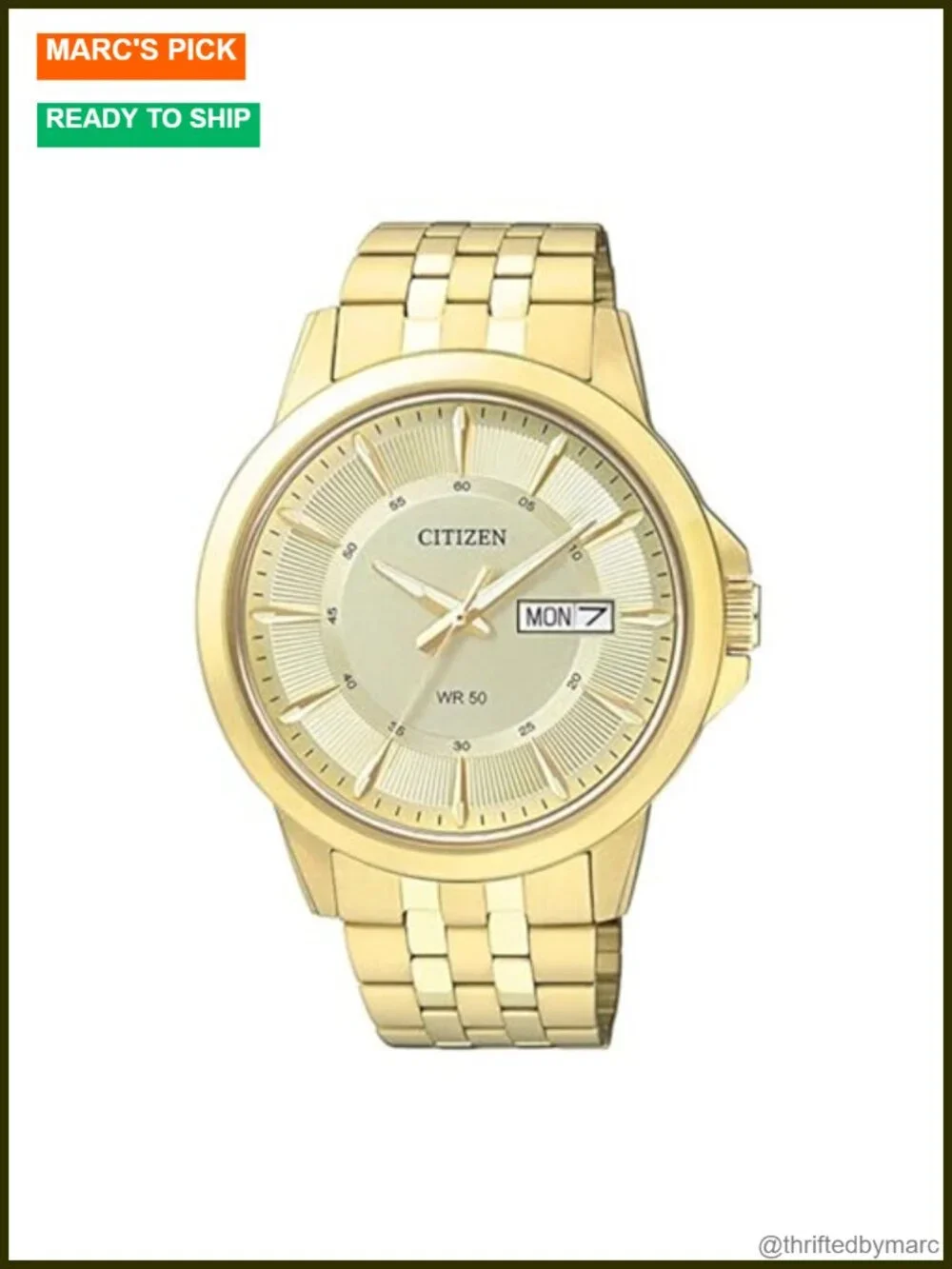 Mens Stainless Steel Gold-Tone Bracelet Watch with Day/Date
